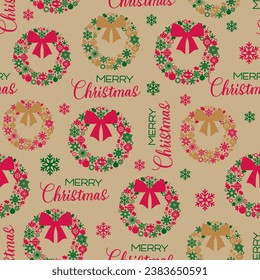 Seamless Pattern of Christmas Wreath with Merry Christmas Wordings and Snowflakes- Christmas Vector Design 