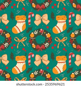 Seamless pattern with Christmas wreath on green background. Vector illustration