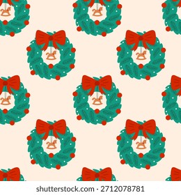 Padrão perfeito com coroa de Natal, arco vermelho e cavalo.  Ilustração de vetor