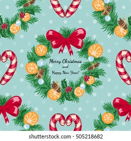Seamless pattern with Christmas wreath. Vector illustration for your design
