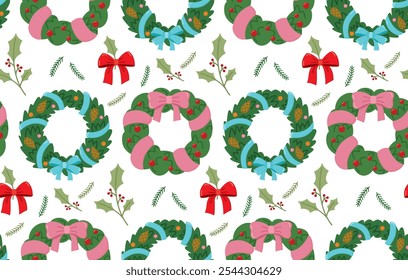 Seamless pattern with Christmas wreaths and bows. Hand drawn new year pattern with cute holiday decorations and branches