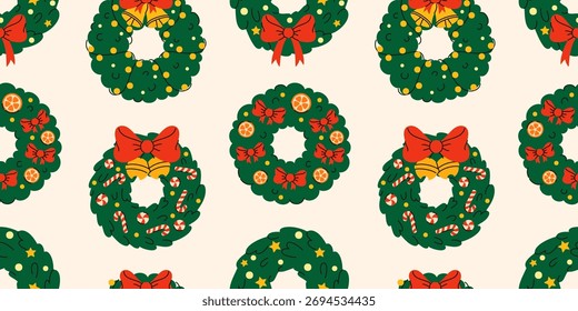 Seamless pattern of Christmas wreaths. Flat vector illustration.