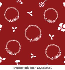 Seamless pattern. Christmas wreaths, gifts, socks, mistletoes.
