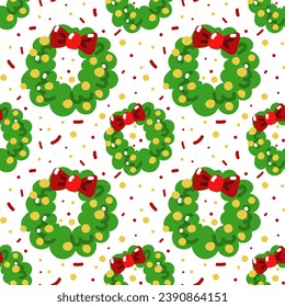 Seamless pattern of Christmas wreaths on a white background. Symmetrical repetitions of the pattern with confetti, toys and a bow. Green cute rounded curls to decorate the entrance area. Vector