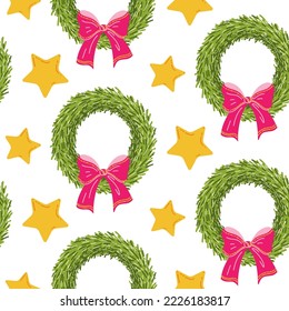 Seamless pattern with Christmas wreaths with pink bow and stars. Traditional Christmas decoration. Vector illustration for print, backgrounds, wrapping paper and textiles. Happy holiday background.