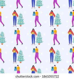 Seamless pattern with christmas Young beautiful people and presents,  Christmas tree. Gifts under fir tree and snowflakes
