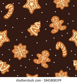 Seamless pattern for Christmas.Christmas gingerbreads. Vector illustration in flat cartoon style. Festive pattern for fabric, wrapping paper, design.