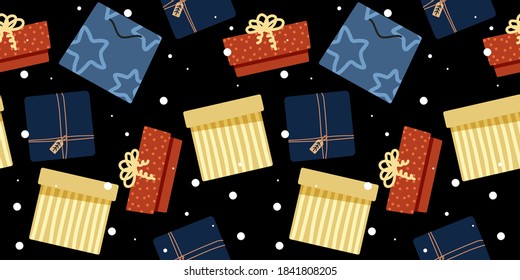 Seamless pattern for Christmas.Gift boxes with bows and ribbons. Vector illustration in flat cartoon style. Festive pattern for fabric, wrapping paper, design.