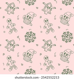 Seamless pattern with Christmas-themed cartoon groovy characters including Christmas trees, gingerbread men, cupcakes with Santa hats, and snowflakes on a light pink background.