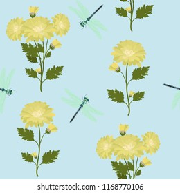 Seamless pattern with chrysanthemum and dragonflies on a blue background. For decorating textiles, packaging, covers and wallpapers. Vector illustration.