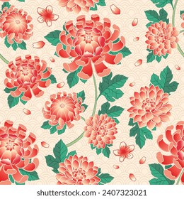 Nahtlose Muster der Chrysanthemum-Blume mit Blättern