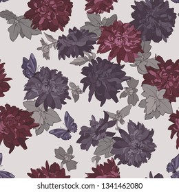 Seamless pattern with chrysanthemum flowers and aster flowers. Beauty floral print purplr colour. Vector illustration.