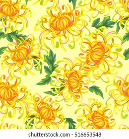 Seamless pattern with chrysanthemum flowers. Bright buds and leaves.