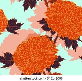 A seamless pattern of chrysanthemum flowers in dark brown and orange shades
