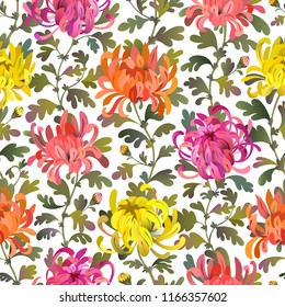 Seamless pattern with chrysanthemum flowers and leaves. Colorful floral background design. EPS10 vector illustration isolated on white. 