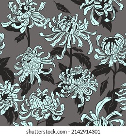 Nahtloses Muster mit Chrysanthemum-Blumen und Blättern. Vektorgrafiken.