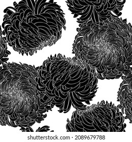 Seamless pattern with a Chrysanthemum Flowers natural ornament. Vintage Japanese Flowers floral seamless pattern on white background. Exotic jungle wallpaper.