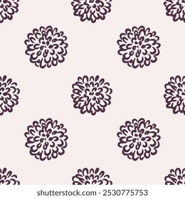 Seamless pattern of chrysanthemum flowers on a beige background. Hand-drawn black line art. Cozy fall season. Floral decoration. Botanical vector design