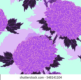 A seamless pattern of chrysanthemum flowers in purple and blue shades