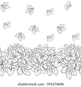 Seamless pattern with chrysanthemum in Japanese style. Outline drawing coloring page. Coloring book for adult. Vector stock illustration.