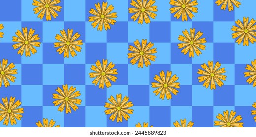 Seamless pattern with chrysanthemum or marigold flowers on checked blue background, vector