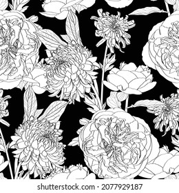 Seamless pattern with a Chrysanthemum, Peony Flowers natural ornament. Vintage Japanese Flowers floral seamless pattern on black background. Exotic jungle wallpaper.