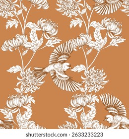 Seamless pattern of chrysanthemums and birds on a orange background. Handmade ink illustration. For packaging design, cards, cover, prints, product labels and fabric.