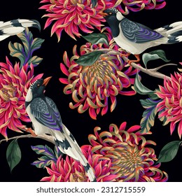 Seamless pattern with chrysanthemums and birds. Vector
