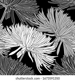 Seamless pattern with chrysanthemums in black white grey for decoration textile and cloth or for wallpaper and draper or for background of different things