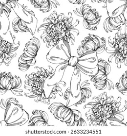 Nahtloses Muster von Chrysanthemen Knospen und Bögen. Handgemachte Tintengrafik. Für Verpackungsdesign, Karten, Deckel, Drucke, Produktetiketten und Gewebe.
