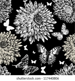 Seamless pattern with chrysanthemums and butterflies, hand drawing. Vector illustration.