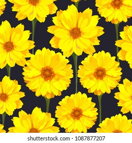 Seamless pattern with chrysanthemums flowers. Vector floral set with isolated colorful yellow plants. Golden-daisy.