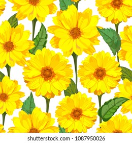 Seamless pattern with chrysanthemums flowers. Vector floral set with isolated colorful yellow plants. Golden-daisy.