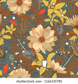 Seamless pattern with chrysanthemums flowers. Vector floral set with isolated colorful yellow plants. Golden-daisy.