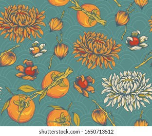 Seamless pattern with chrysanthemums and fruits