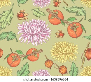 Seamless pattern with chrysanthemums and fruits. Asian style floral pattern