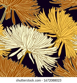 Seamless pattern with chrysanthemums in gold on black for decoration textile and cloth or for wallpaper and draper or for background of different things