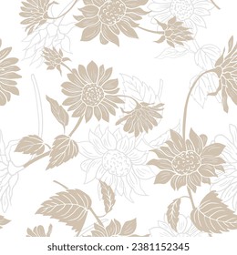 Seamless pattern with Chrysanthemums, grey beige with half white floral pattern on white background, used for textile, wallpaper,

