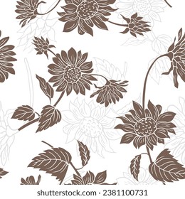 Seamless pattern with Chrysanthemums, grey brown with half white floral pattern on white background, used for textile, wallpaper,
