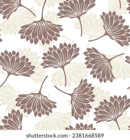 Seamless pattern with Chrysanthemums, pastel brown with half white floral pattern on white background, used for textile, wallpaper,

