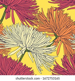 Seamless pattern with chrysanthemums in red orange beige on yellow for decoration textile and cloth or for wallpaper and draper or for background of different things