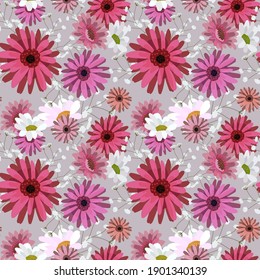Seamless pattern with chrysanthemums,chamomile,daisy.Pink,white flowers on a gray background. Illustration can be used for print,textile,fabric,wrapping paper,design a web site.