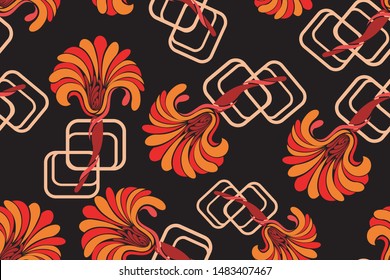 seamless pattern Chrysanthemums,japanese floral pattern with line cube on white background