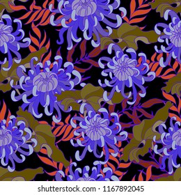 Seamless pattern with chryzantemums flowers and leaves. 