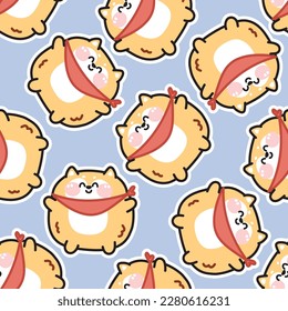 Seamless pattern of chubby face shiba inu dog sticker background.Japanese pet character cartoon design.Animal hand drawn.Kawaii.Vector Illustration.