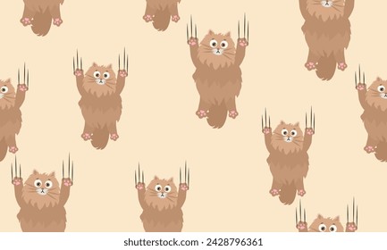 Seamless pattern of chubby and fluffy cat falling, leaving scratch marks behind.