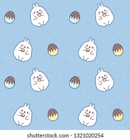 Seamless pattern chubby rabbit eating donut