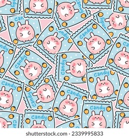 Seamless pattern of chubby rabbit on candy package background.Fat animal charater cartoon design.Carrot and bunny hand drawn.Kawaii.Vector.Illustration.