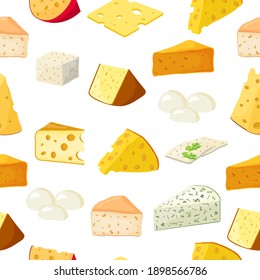 Seamless pattern of chunks of cheese. Cheddar ,mozzarella, maasdam,brie, roquefort, gouda, feta and parmesan. Cut into triangles and slices of delicious cheeses. Illustration done in cartoon style.