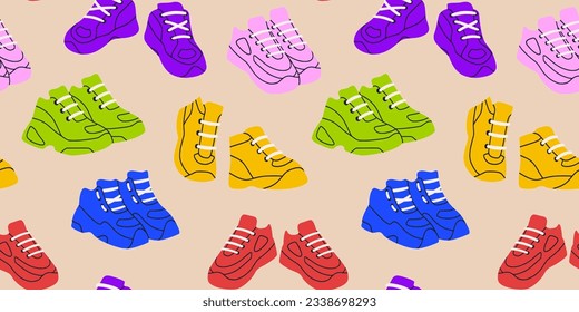 Seamless pattern with chunky sneakers. Platform trainers and bulky footwear. in bright neon colors